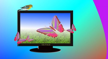 A monitor on a neon background.