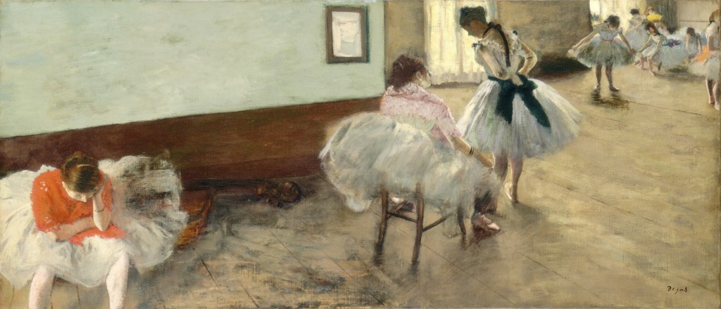 Impressionist painting by Degas showing young ballerinas training.